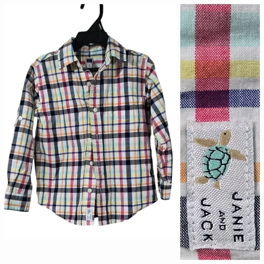 Janie & Jack Boy White Madras Plaid Long Sleeve Button Down Shirt Toddler Cotton